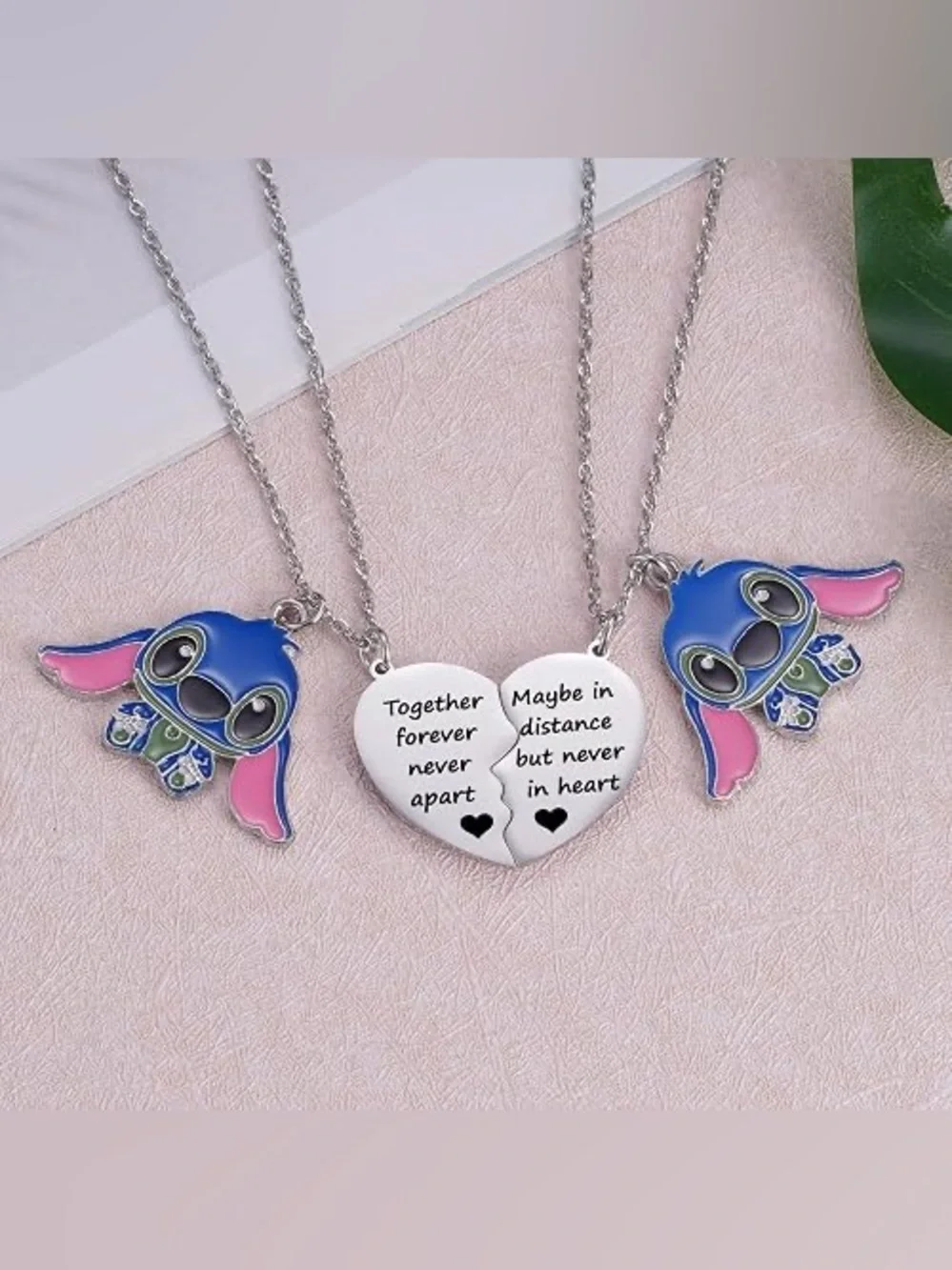 NWT- Silver-tone Stitch Blue & Pink Heart Split Pendant Friendship Necklace Set